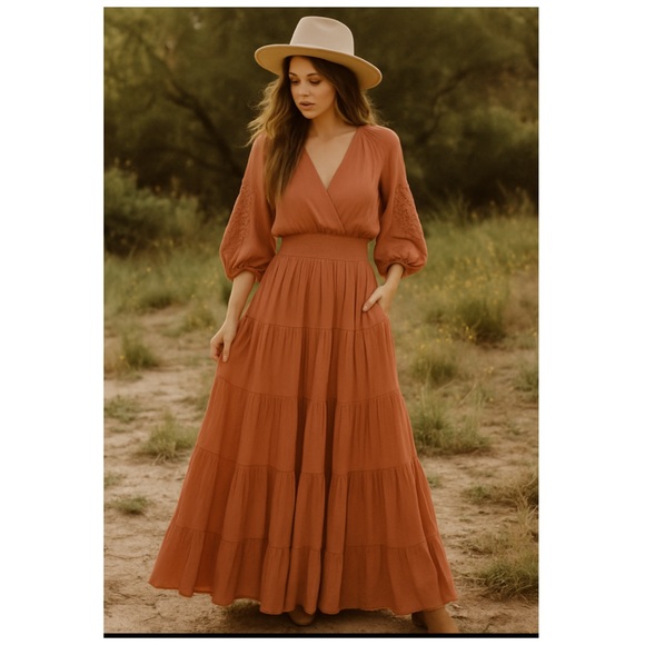 Elegant Terracotta Midi Dress with Balloon Sleeves - Picture 2 of 11